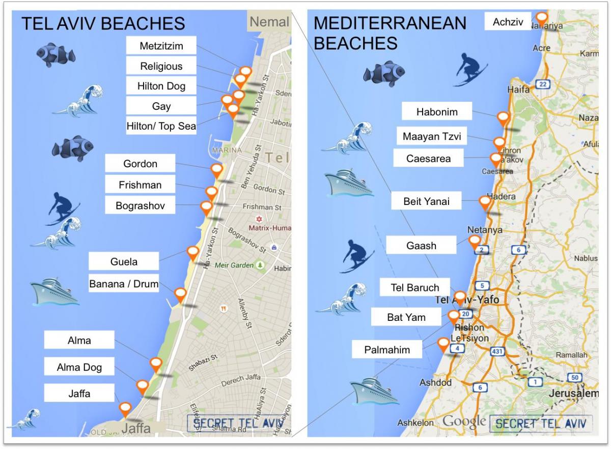 bản đồ của Tel Aviv bãi biển